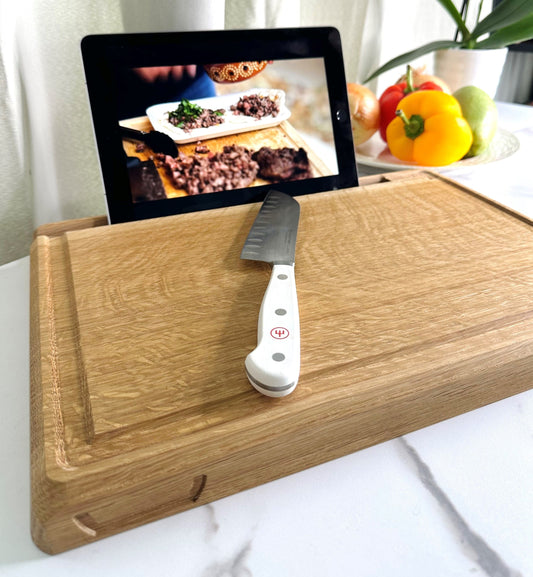 iPad Breakfast News Reader - Professional Grade Cutting Board - Solid Oak